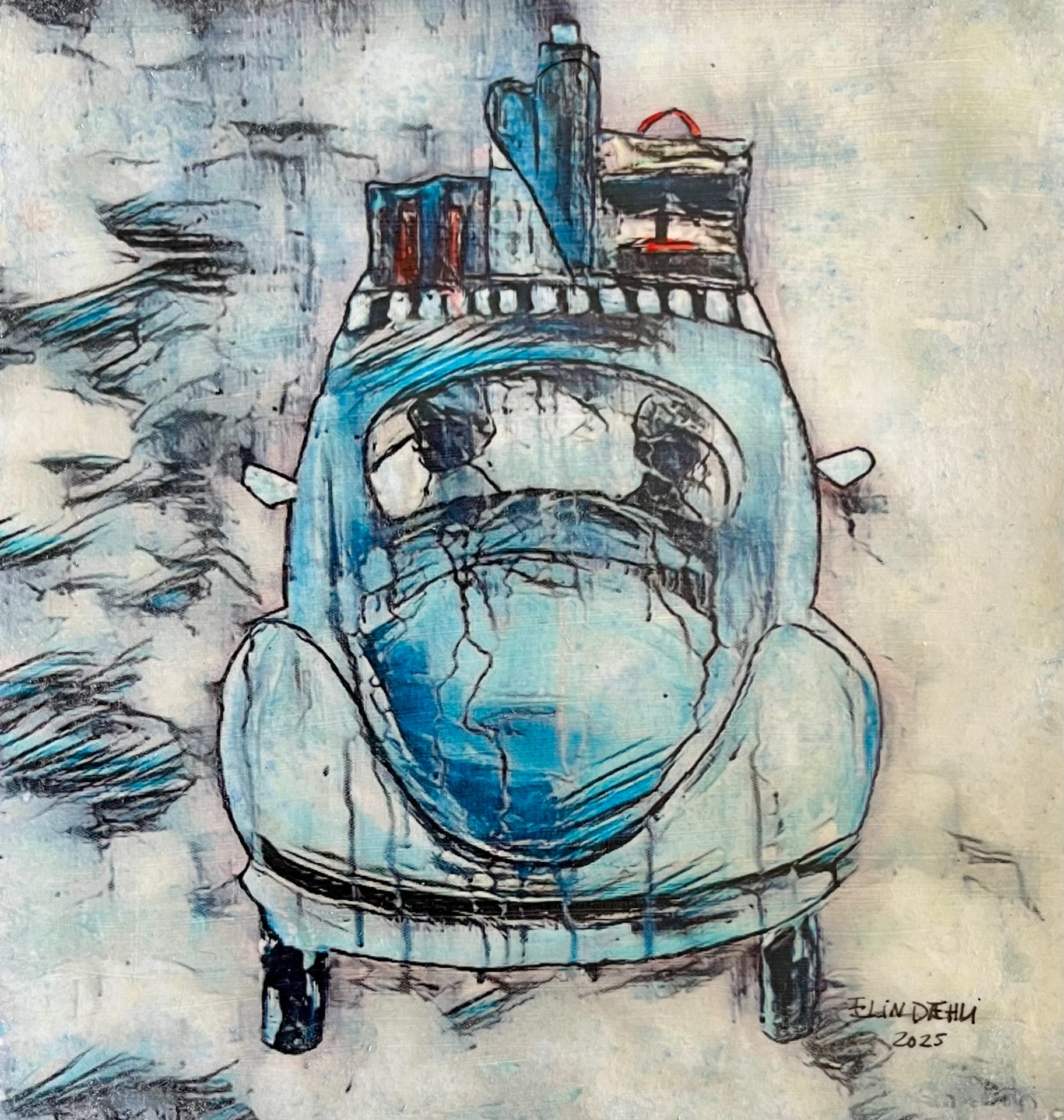 Mixed media/ akvrarell, innrammet, 30x30 cm