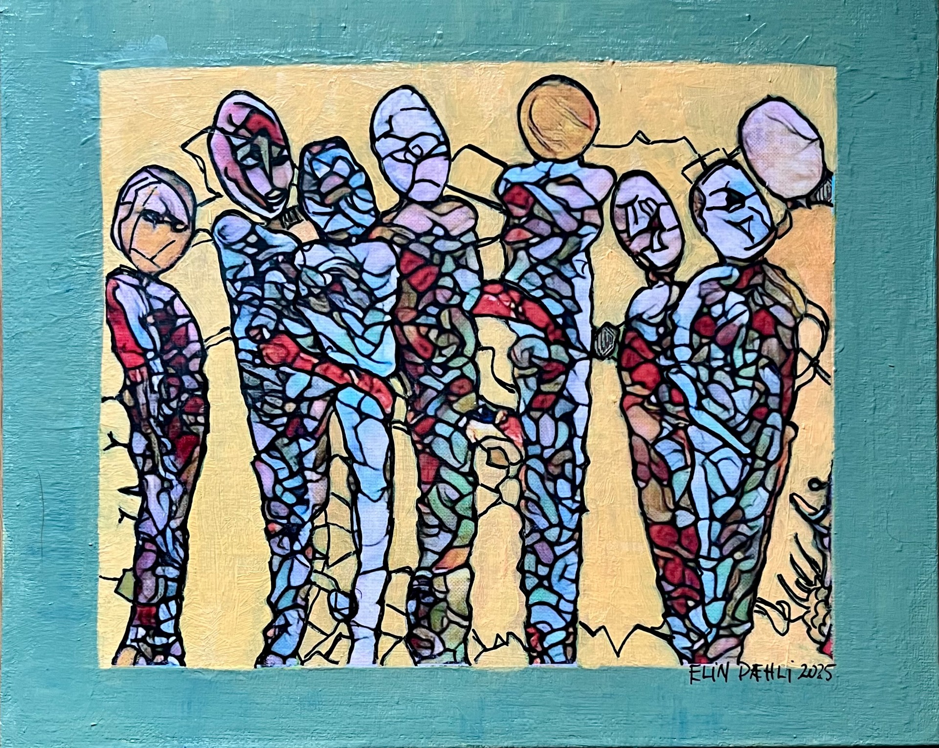 Mixed media/ Akryl "Famiieportrett 2", Innrammet 24x29cm, kr.1850,-