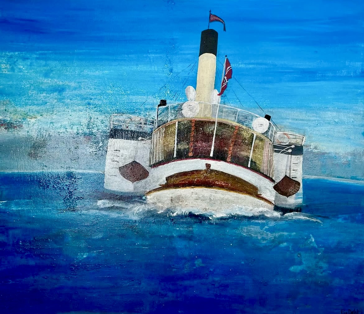 Akrylmaleri "Mjøsas hvite svane", 50x50 cm, kr.3750,-