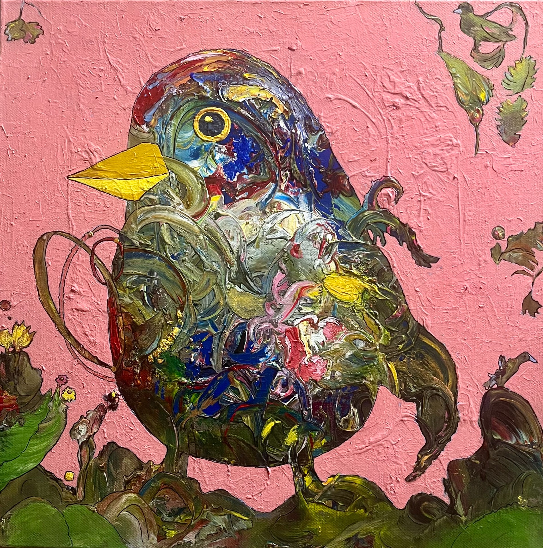 Akrylmaleri "I lånte fjær", 40x40cm, kr.2900,-