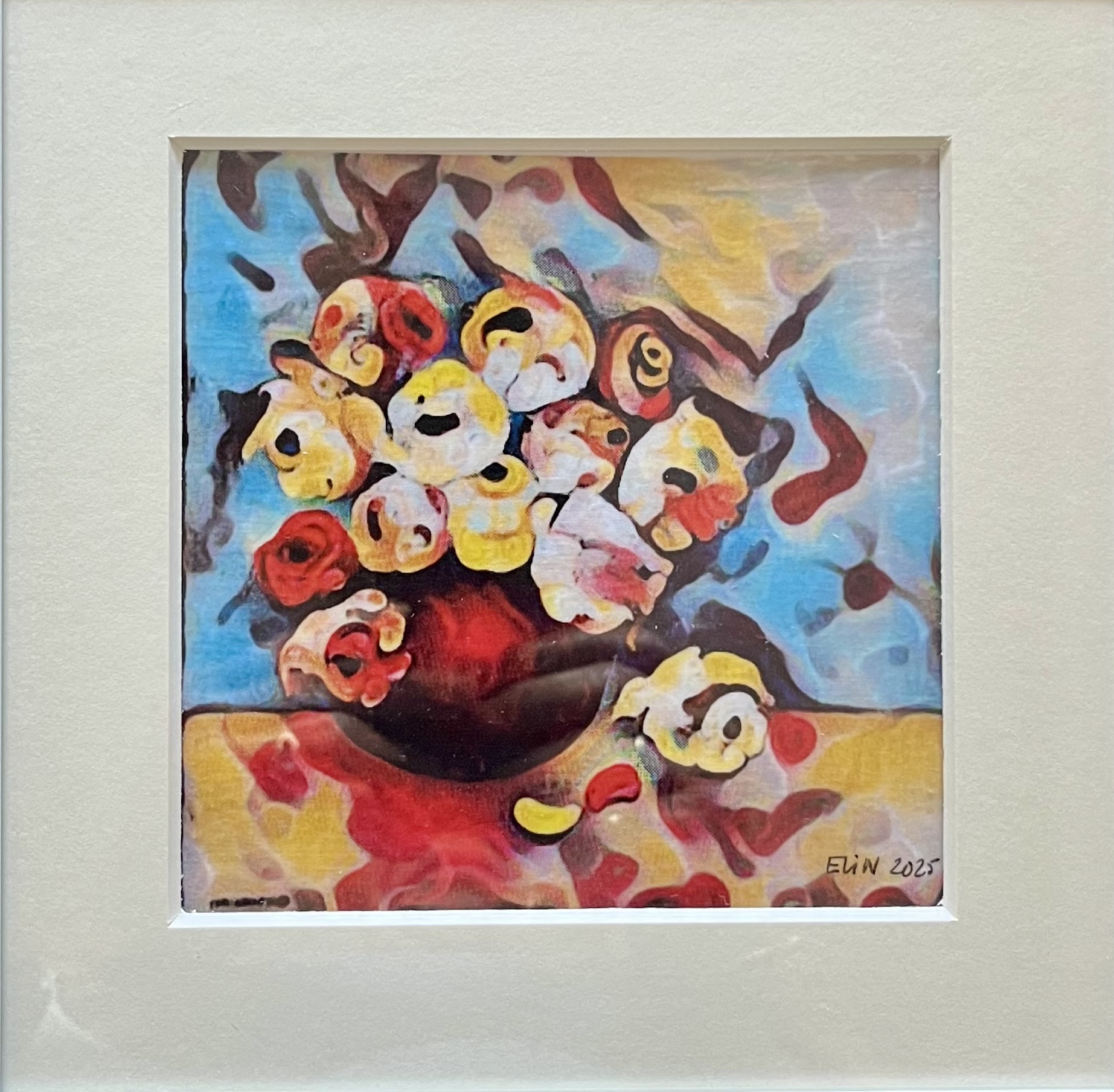 Mixed media "blomst i krukke", innrammet 21x21cm, kr. 850,-