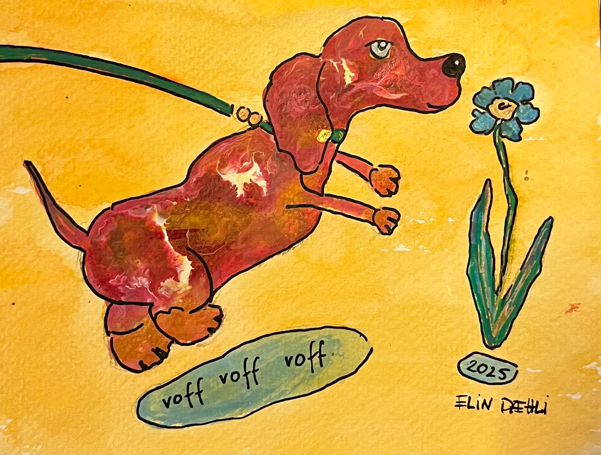 Akvarell "voff voff voff", 20x24 cm, innrammet kr.1450,-