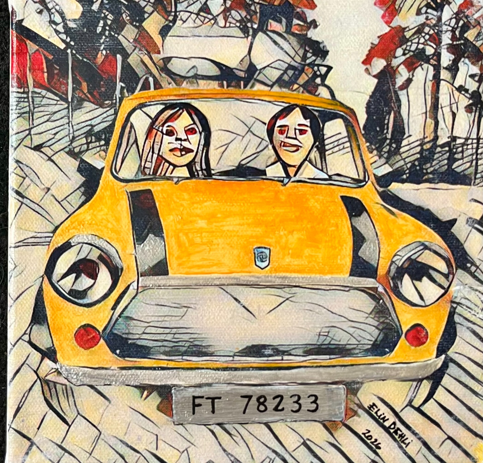 "To i en mini", mixed media/ akryl på lerret, innrammet m/ sort ramme 24x24cm, kr. 1450,-