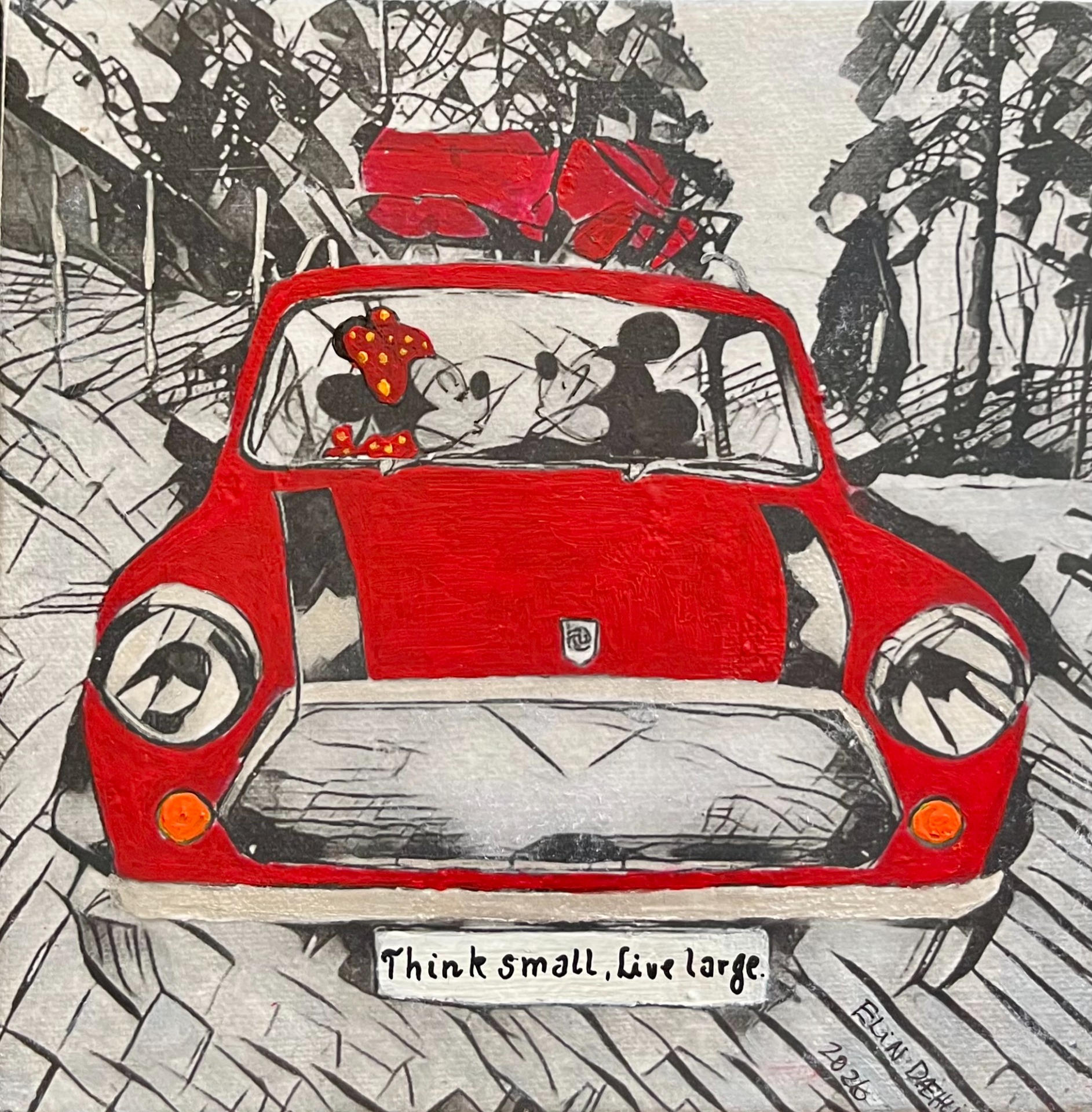 "Mickey & Minnie i en rød mini", mixed media/ akryl på lerret, innrammet m/ sort ramme, 24x24cm,kr.1450,-