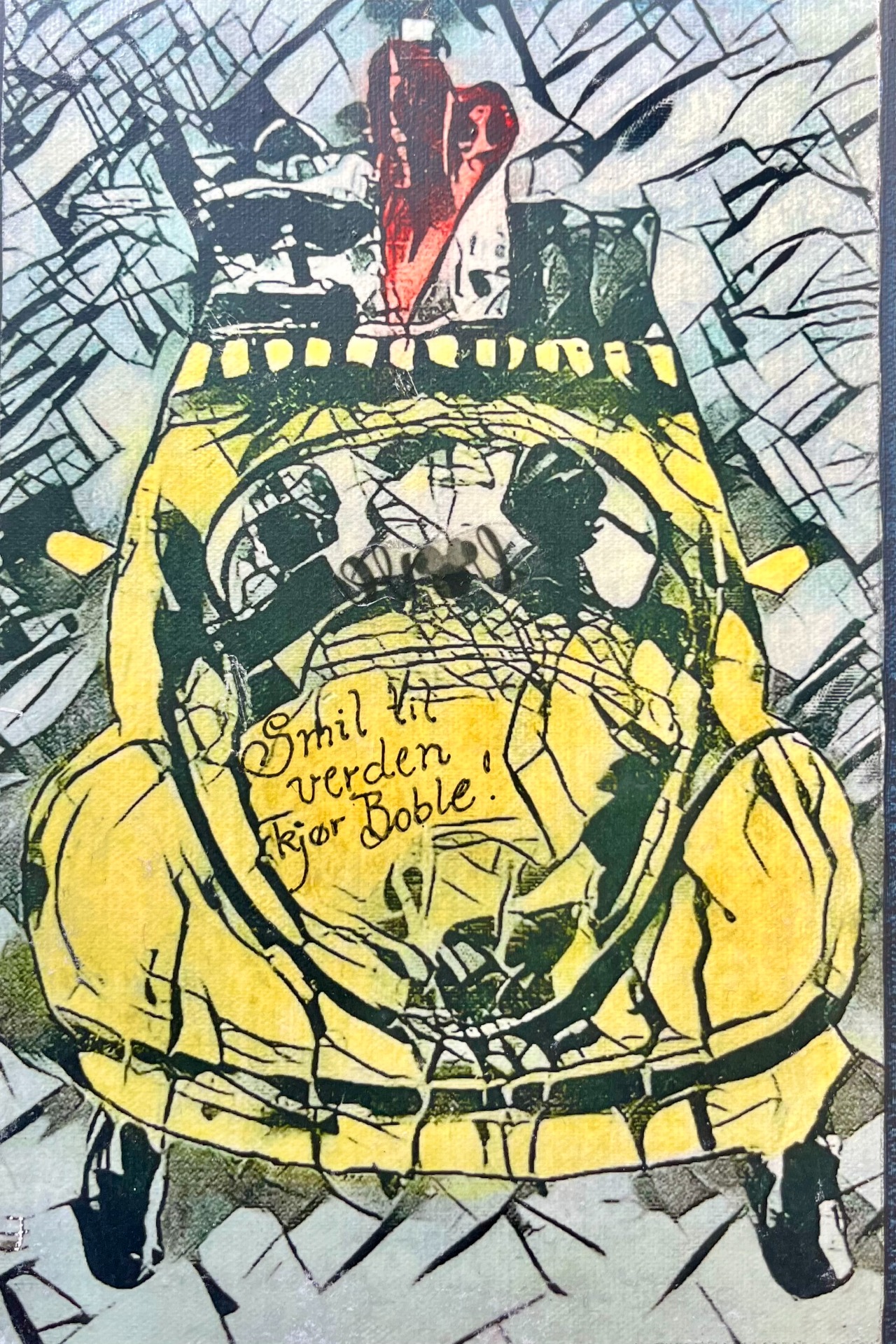 "Smil til verden, kjør boble", mixed media /akryl på lerret, 20x30cm, kr. 1450,-