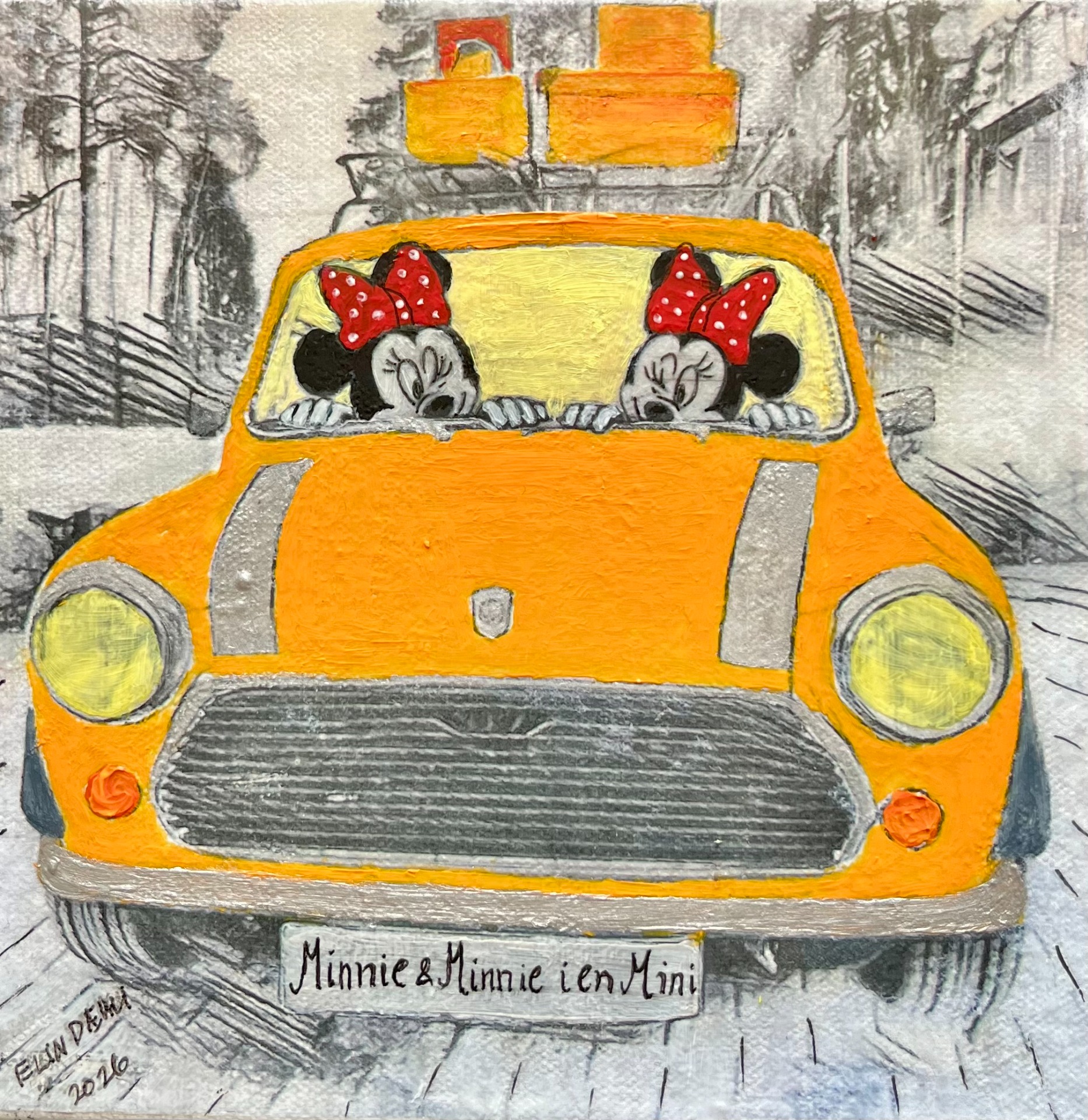 "Minnie & Minnie i en gul Mini, mixed media/ akryl på lerret m/ sort ramme 24x24cm, kr. 1450,-