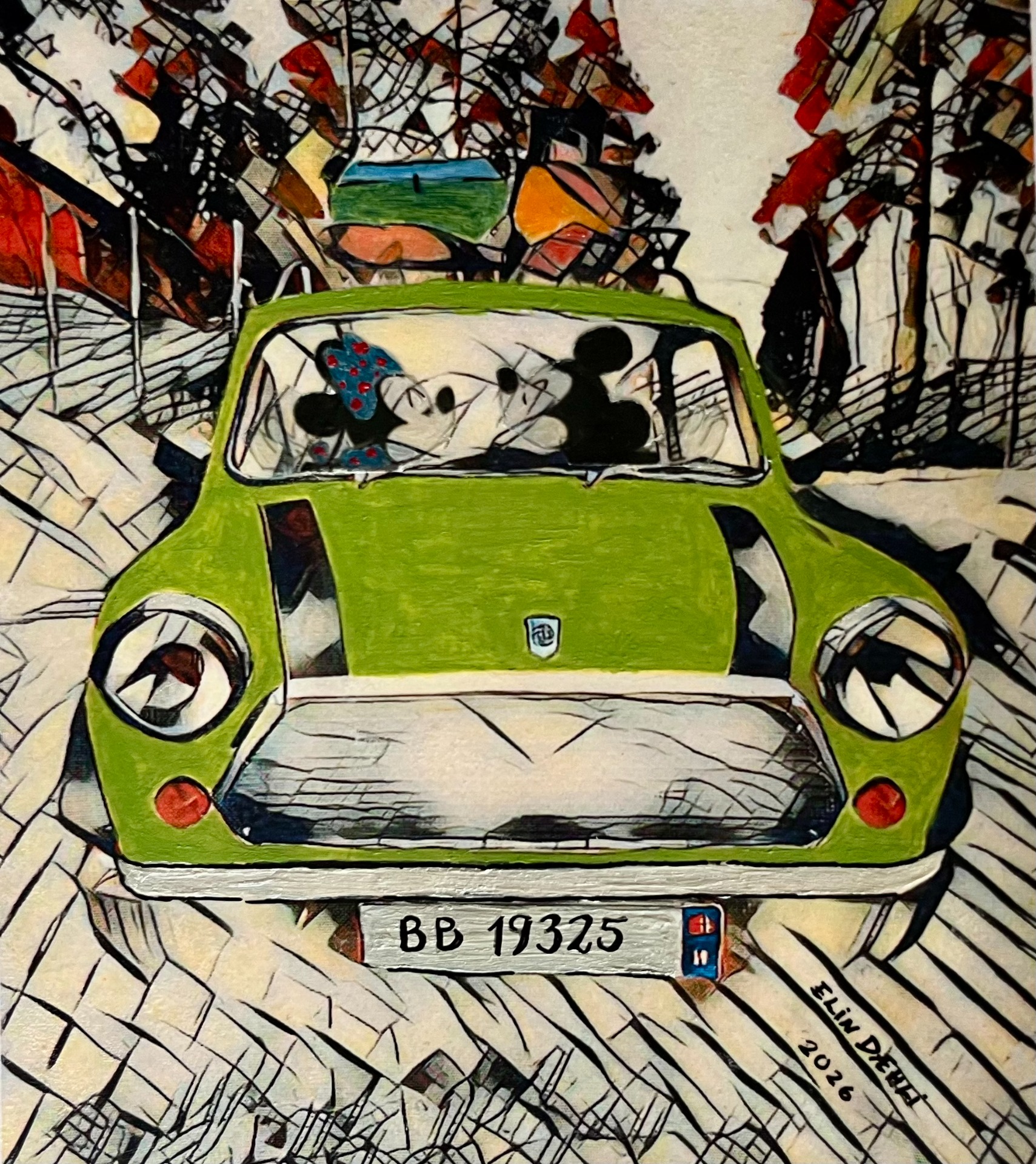 "Minnie & Mickey i en Mini", Mixed media/ Akryl, innrammet m/ passepartout, kunstglass og ramme, 33x37cm, kr. 1850,-
